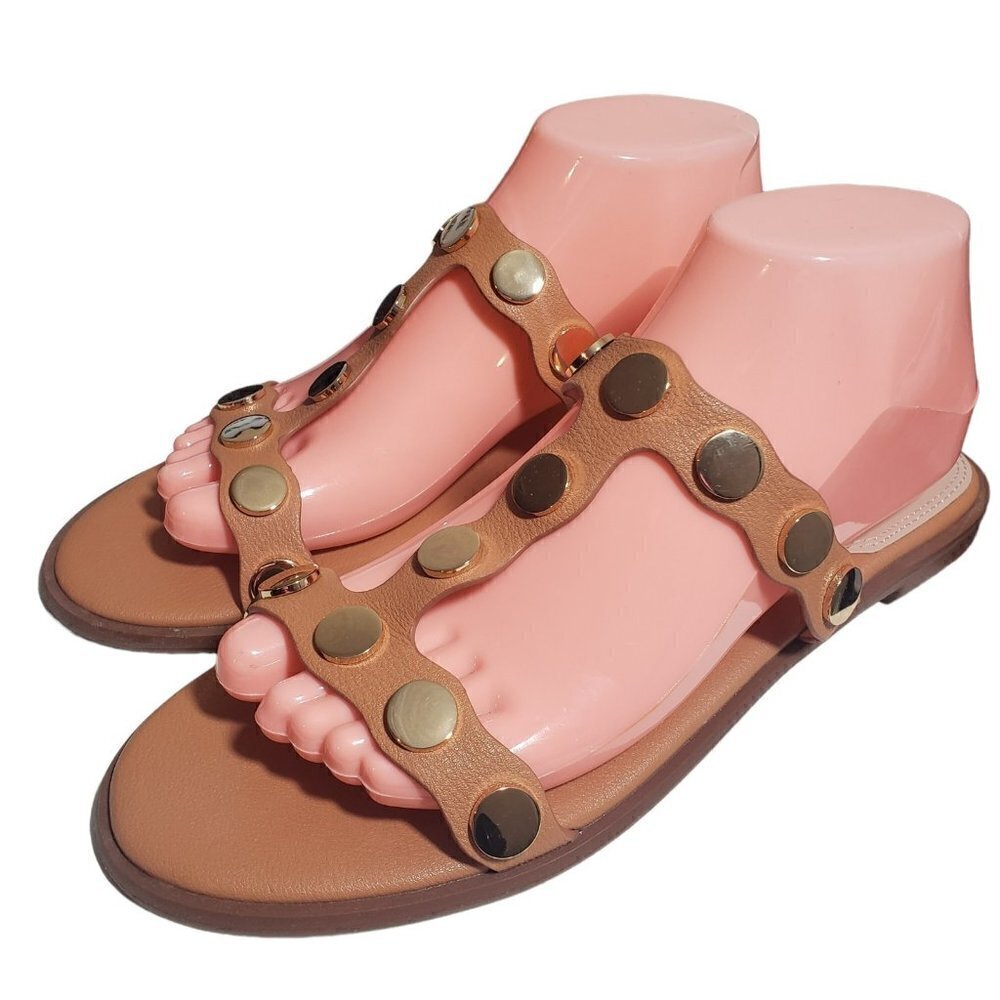 Kensie Womens Mannette Tan Open Toe Studded Slip On Slides Flat Sandals Size 9.5